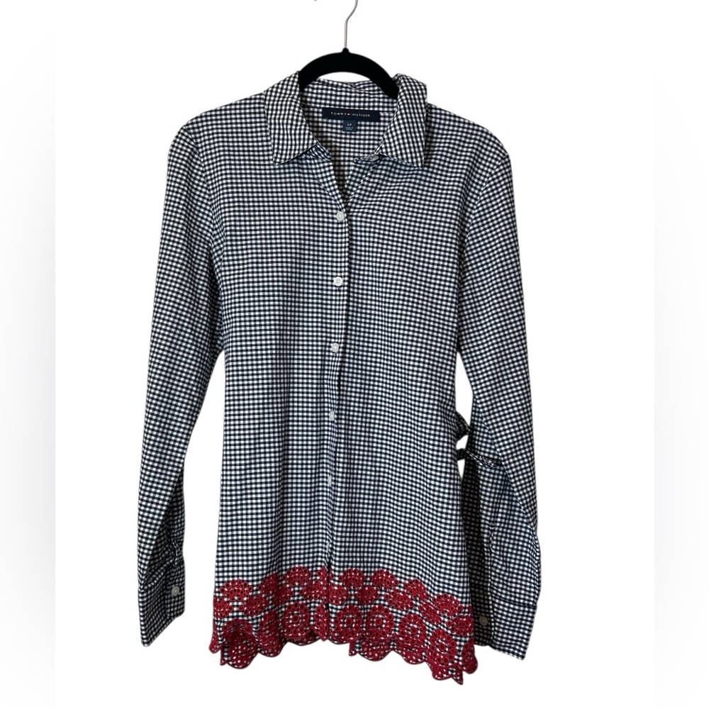 Tommy Hilfiger Navy Embroidered Gingham Plaid Tie Button Up Blouse Size S/P